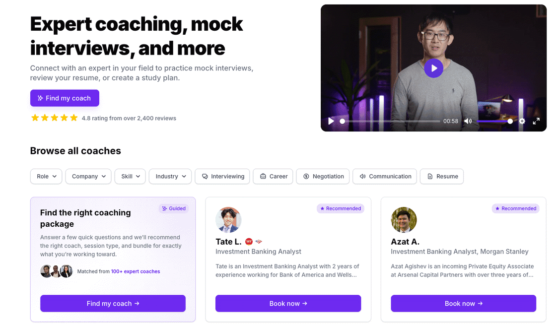 The coaching marketplace: browse expert coaches by role, company, and skill