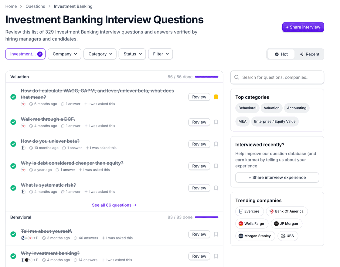 The investment banking question bank, filterable by company and category